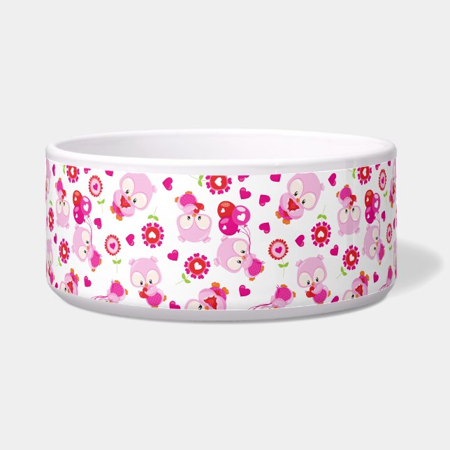 Pattern Of Owls, Cute Owls, Pink Owls, Hearts Bowl (Front)