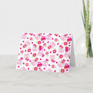 Pattern Of Owls, Cute Owls, Pink Owls, Hearts Card