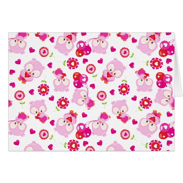 Pattern Of Owls, Cute Owls, Pink Owls, Hearts Cards (Front Horizontal)