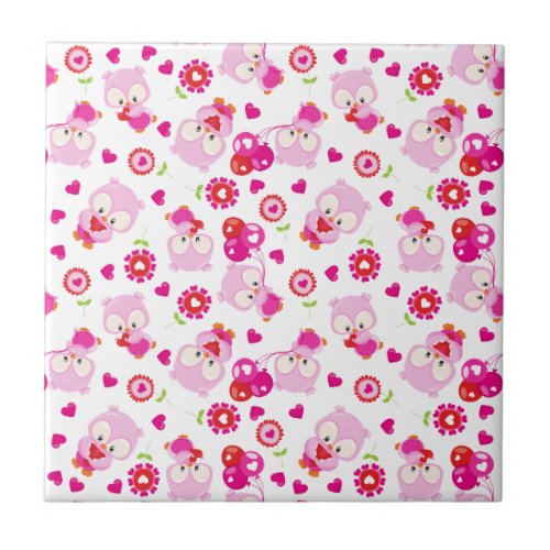 Pattern Of Owls Cute Owls Pink Owls Hearts Ceramic Tile