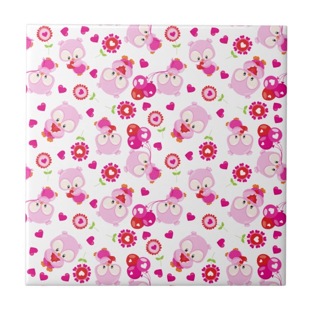 Pattern Of Owls, Cute Owls, Pink Owls, Hearts Ceramic Tile (Front)