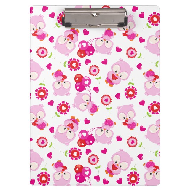 Pattern Of Owls, Cute Owls, Pink Owls, Hearts Clipboard (Front)