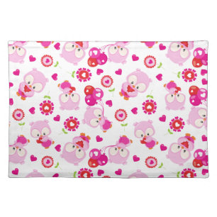Pattern Of Owls, Cute Owls, Pink Owls, Hearts Cloth Placemat