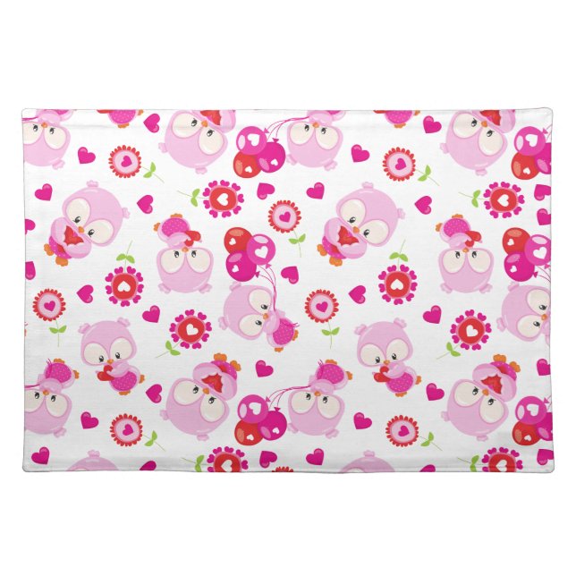 Pattern Of Owls, Cute Owls, Pink Owls, Hearts Cloth Placemat (Front)