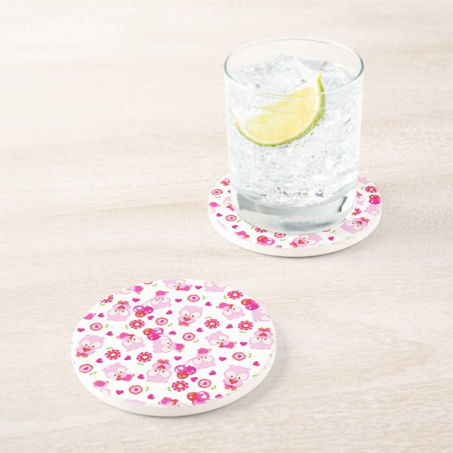 Pattern Of Owls, Cute Owls, Pink Owls, Hearts Coaster (Side)