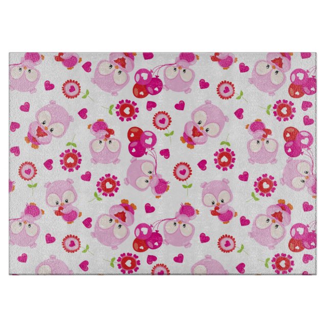 Pattern Of Owls, Cute Owls, Pink Owls, Hearts Cutting Board (Front)