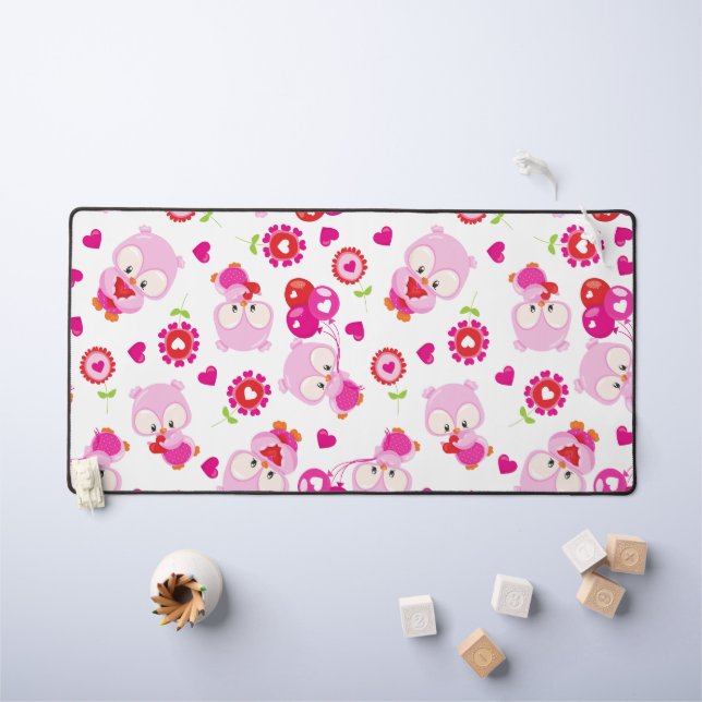 Pattern Of Owls, Cute Owls, Pink Owls, Hearts Desk Mat (Kids Table)