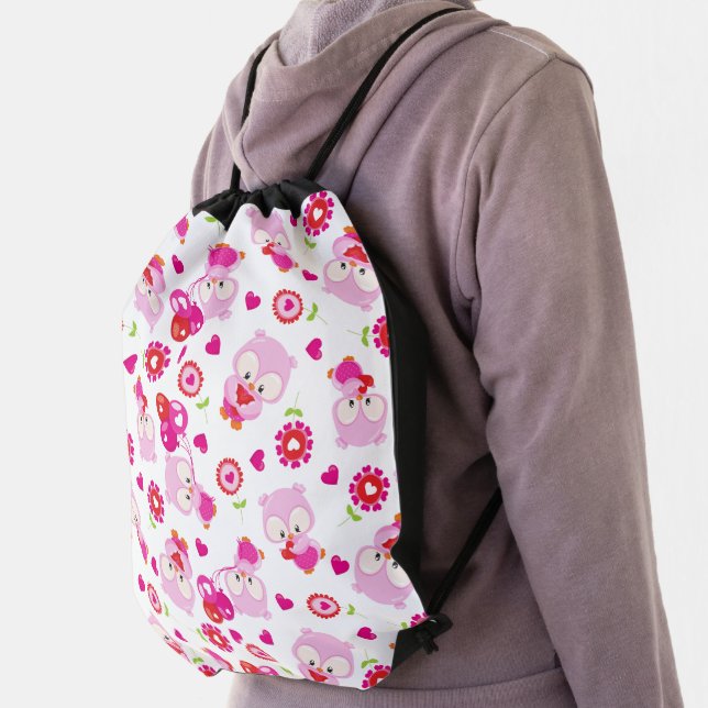 Pattern Of Owls, Cute Owls, Pink Owls, Hearts Drawstring Bag (Insitu)