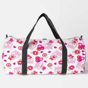 Pattern Of Owls, Cute Owls, Pink Owls, Hearts Duffle Bag