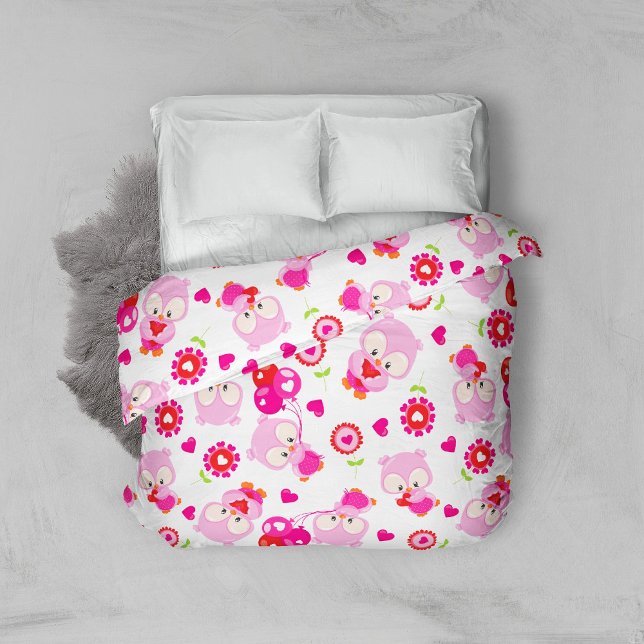 Pattern Of Owls, Cute Owls, Pink Owls, Hearts Duvet Cover (Creator Uploaded)