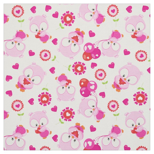 Pattern Of Owls, Cute Owls, Pink Owls, Hearts Fabric (Swatch)
