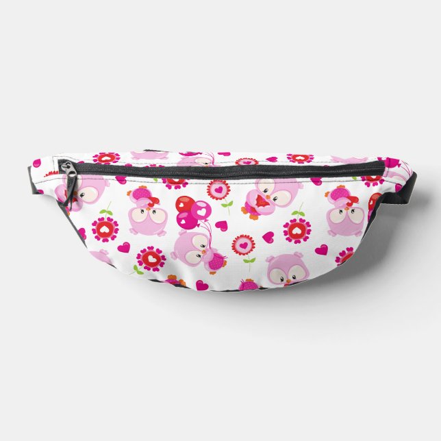 Pattern Of Owls, Cute Owls, Pink Owls, Hearts Fanny Pack (Lay Down)
