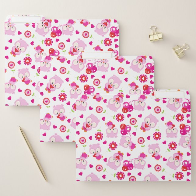 Pattern Of Owls, Cute Owls, Pink Owls, Hearts File Folder (Set)