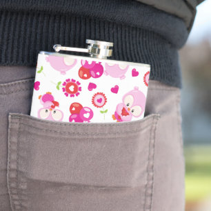 Pattern Of Owls, Cute Owls, Pink Owls, Hearts Flask