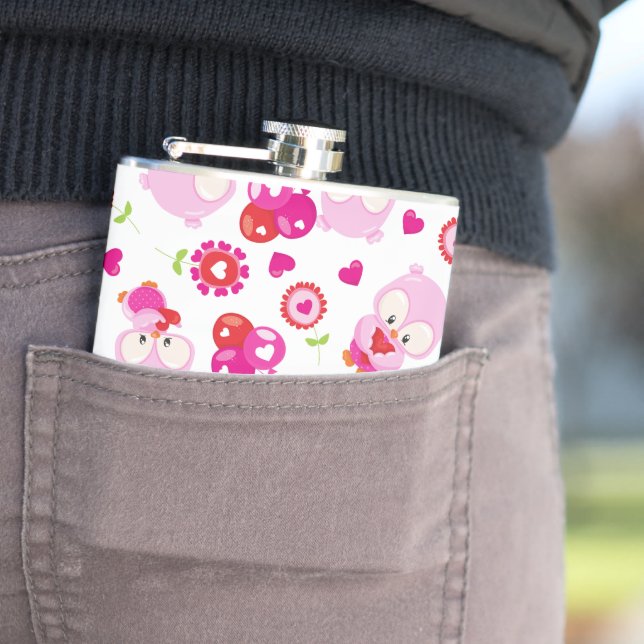 Pattern Of Owls, Cute Owls, Pink Owls, Hearts Flask (In Situ)