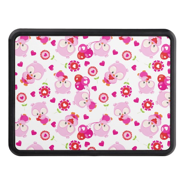 Pattern Of Owls, Cute Owls, Pink Owls, Hearts Hitch Cover (Front)
