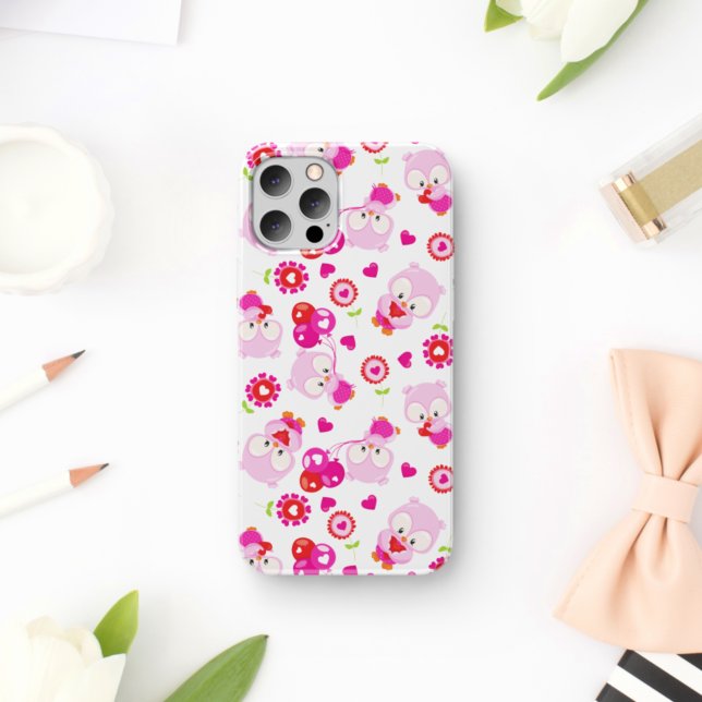 Pattern Of Owls, Cute Owls, Pink Owls, Hearts iPhone Case (Creator Uploaded)