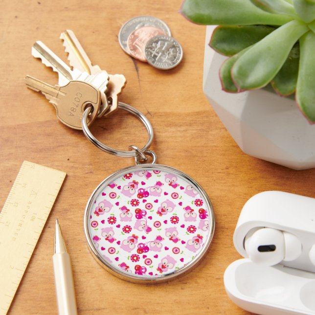 Pattern Of Owls, Cute Owls, Pink Owls, Hearts Keychain (Desk)