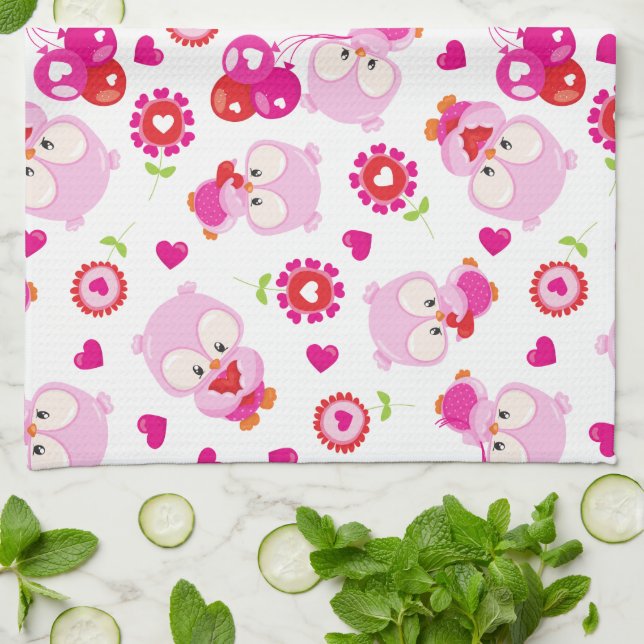 Pattern Of Owls, Cute Owls, Pink Owls, Hearts Kitchen Towel (Folded)