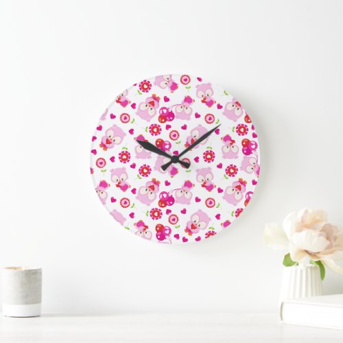 Pattern Of Owls Cute Owls Pink Owls Hearts Large Clock