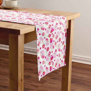 Pattern Of Owls, Cute Owls, Pink Owls, Hearts Medium Table Runner