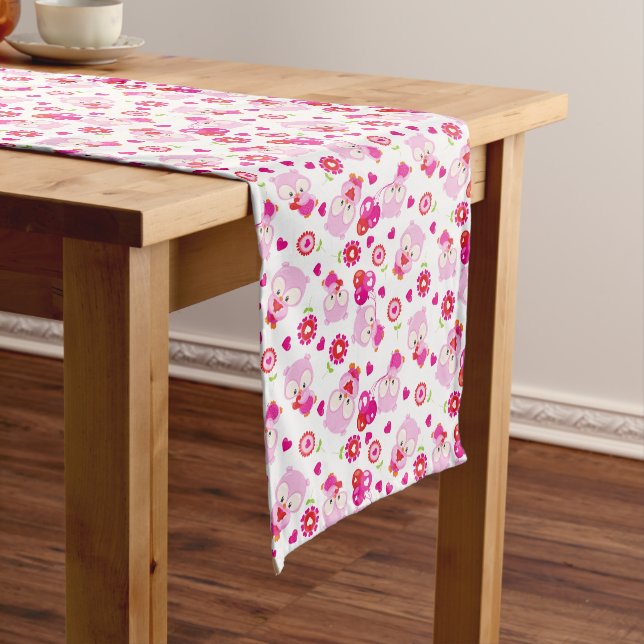 Pattern Of Owls, Cute Owls, Pink Owls, Hearts Medium Table Runner (In Situ)