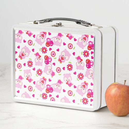 Pattern Of Owls Cute Owls Pink Owls Hearts Metal Lunch Box