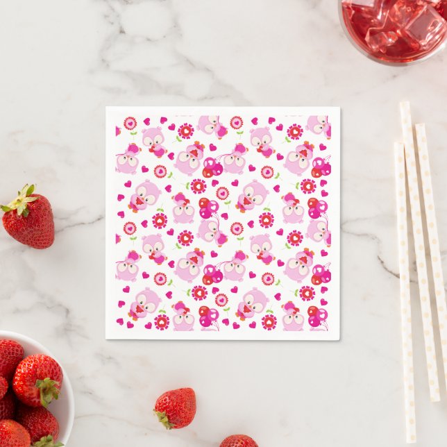 Pattern Of Owls, Cute Owls, Pink Owls, Hearts Napkins (Insitu)