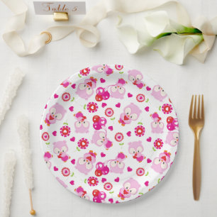 Pattern Of Owls, Cute Owls, Pink Owls, Hearts Paper Plates