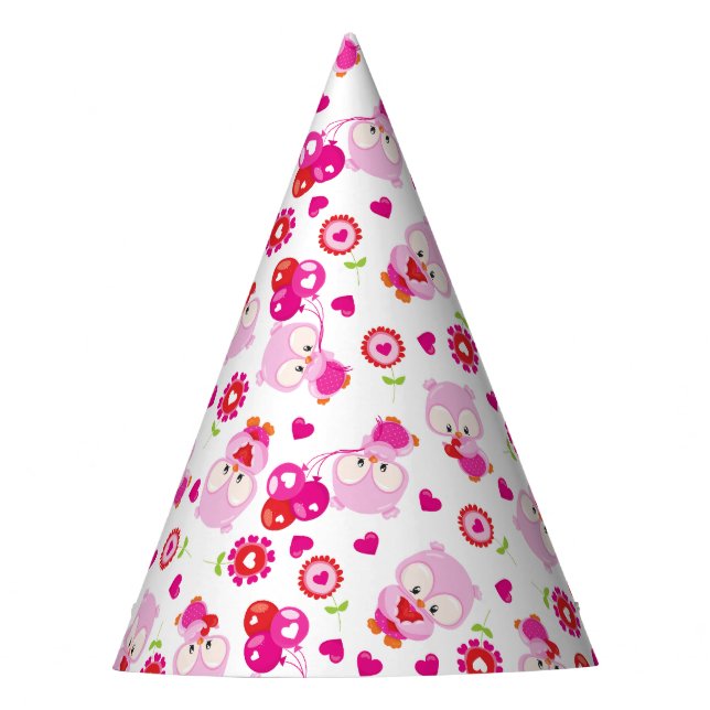 Pattern Of Owls, Cute Owls, Pink Owls, Hearts Party Hat (Front)