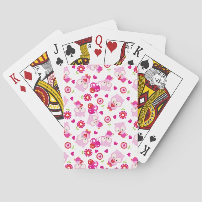 Pattern Of Owls, Cute Owls, Pink Owls, Hearts Poker Cards (Back)