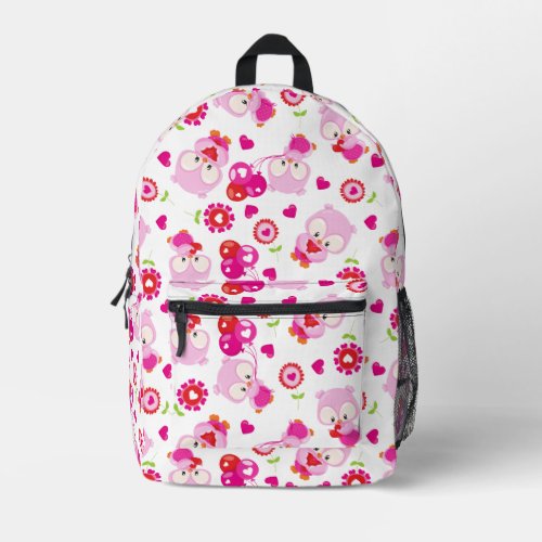 Pattern Of Owls Cute Owls Pink Owls Hearts Printed Backpack