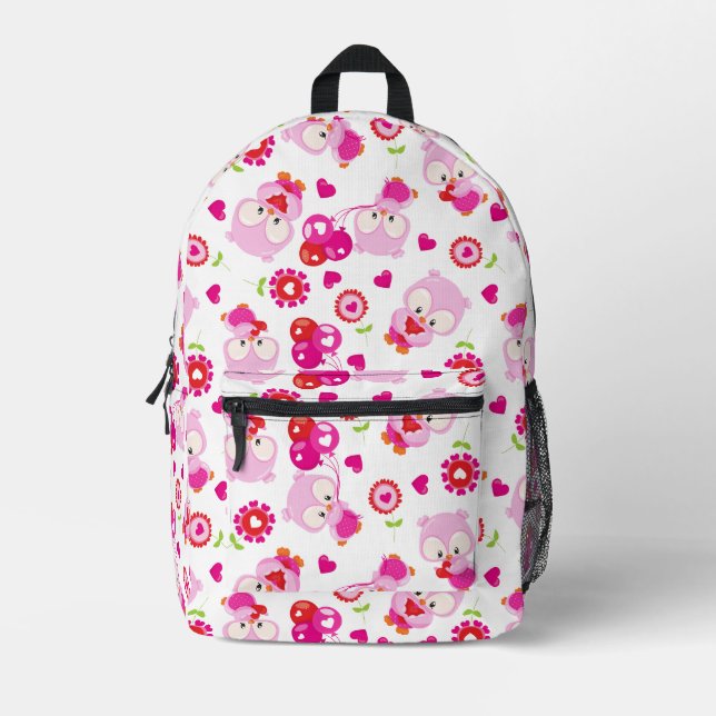 Pattern Of Owls, Cute Owls, Pink Owls, Hearts Printed Backpack (Front)