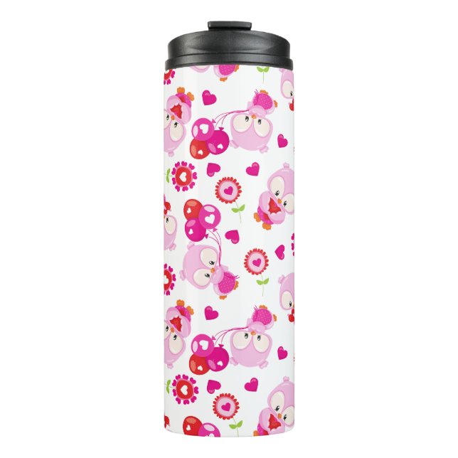 Pattern Of Owls, Cute Owls, Pink Owls, Hearts Thermal Tumbler (Front)