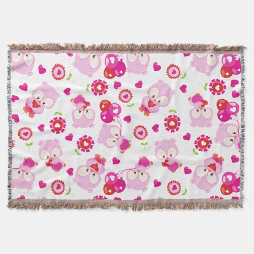 Pattern Of Owls Cute Owls Pink Owls Hearts Throw Blanket