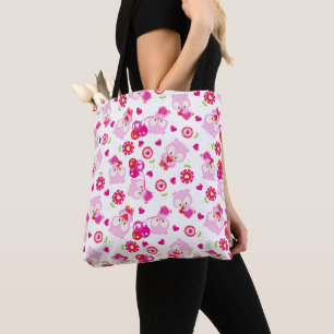 Pattern Of Owls, Cute Owls, Pink Owls, Hearts Tote Bag