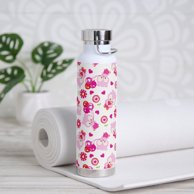 Pattern Of Owls, Cute Owls, Pink Owls, Hearts Water Bottle (Yoga)