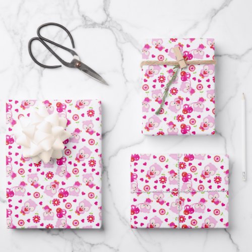 Pattern Of Owls Cute Owls Pink Owls Hearts Wrapping Paper Sheets