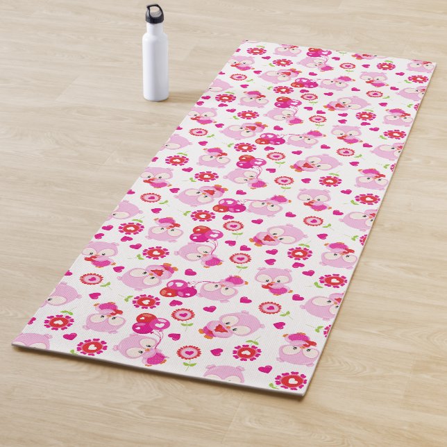 Pattern Of Owls, Cute Owls, Pink Owls, Hearts Yoga Mat (In Situ)