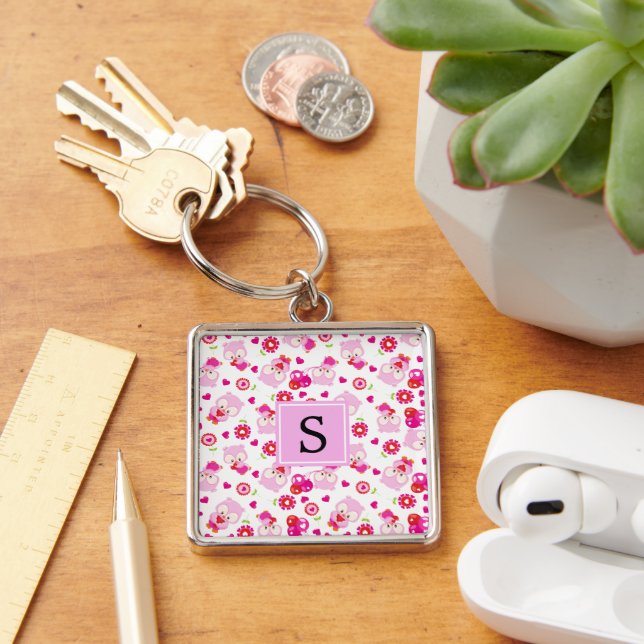 Pattern Of Owls, Cute Owls, Pink Owls, Monogram Keychain (Desk)
