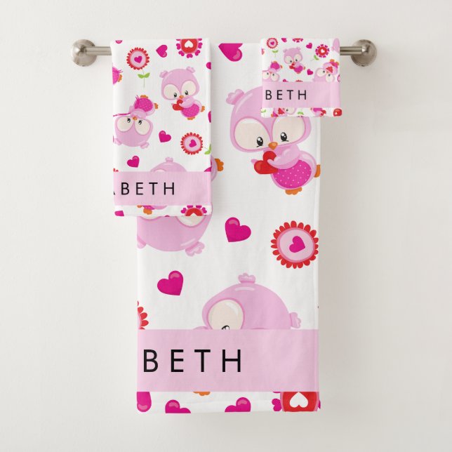 Pattern Of Owls, Cute Owls, Pink Owls, Your Name Bath Towel Set (Insitu)