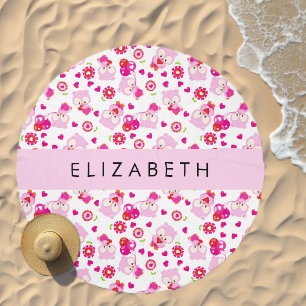 Pattern Of Owls, Cute Owls, Pink Owls, Your Name Beach Towel