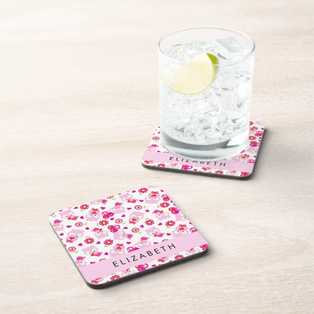 Pattern Of Owls, Cute Owls, Pink Owls, Your Name Beverage Coaster (Right Side)