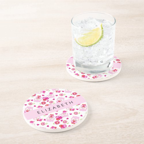 Pattern Of Owls Cute Owls Pink Owls Your Name Coaster