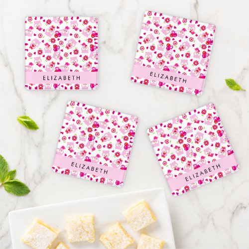 Pattern Of Owls Cute Owls Pink Owls Your Name Coaster Set