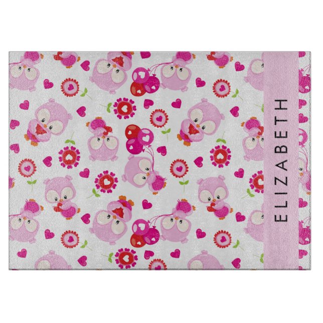 Pattern Of Owls, Cute Owls, Pink Owls, Your Name Cutting Board (Front)