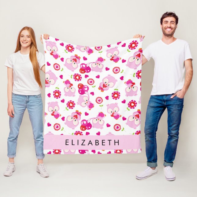 Pattern Of Owls, Cute Owls, Pink Owls, Your Name Fleece Blanket (In Situ)