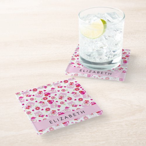 Pattern Of Owls Cute Owls Pink Owls Your Name Glass Coaster