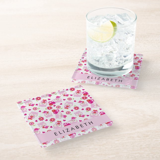 Pattern Of Owls, Cute Owls, Pink Owls, Your Name Glass Coaster (Angled)
