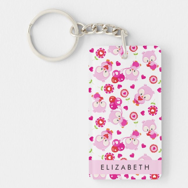 Pattern Of Owls, Cute Owls, Pink Owls, Your Name Keychain (Front)